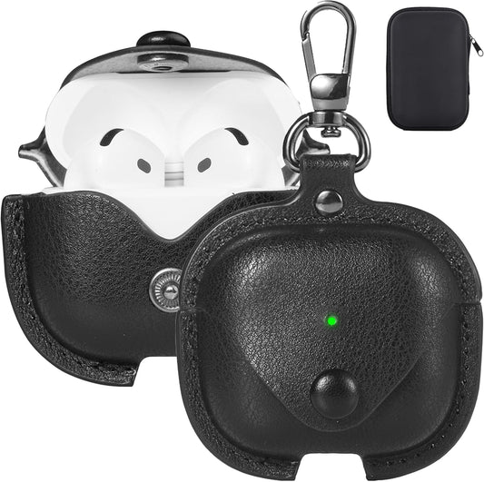 Compatible Airpods Case, Leather Airpods Cover 5 in 1 Protective Case with Keychain/Ear Hooks/Airpods Strap/Watch Band Holder/Earpods Case Compatible with Apple Airpods 2 1 Charging Case, Black