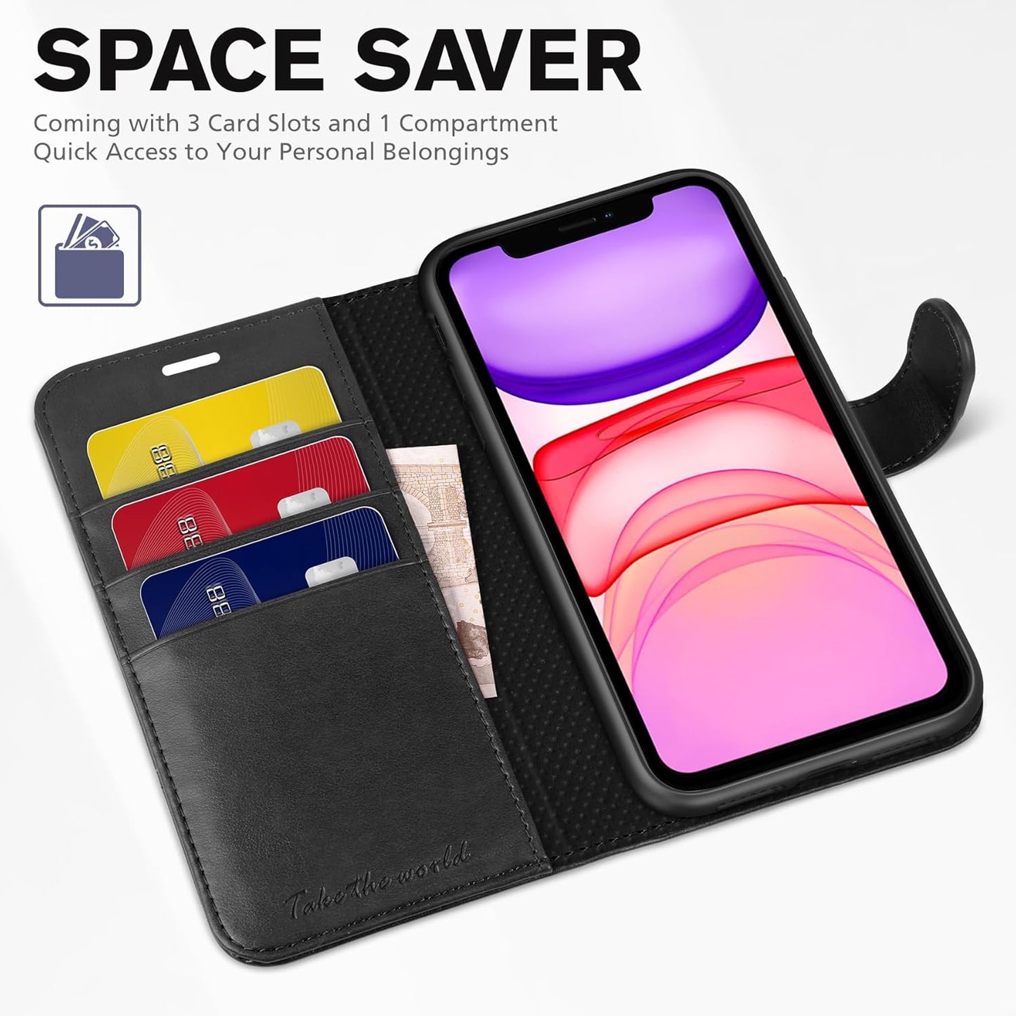 Case Wallet for Iphone 11, [RFID Blocking] Card Slots Stand Magnetic Closure, Protective PU Leather [Shockproof TPU Interior Case] Flip Cover Compatible with Iphone 11 (2019 6.1 Inch), Black