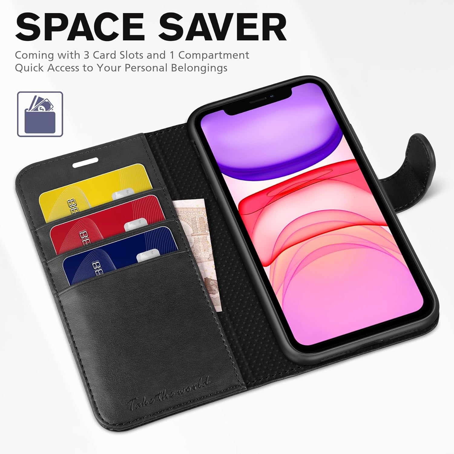 Case Wallet for Iphone 11, [RFID Blocking] Card Slots Stand Magnetic Closure, Protective PU Leather [Shockproof TPU Interior Case] Flip Cover Compatible with Iphone 11 (2019 6.1 Inch), Black