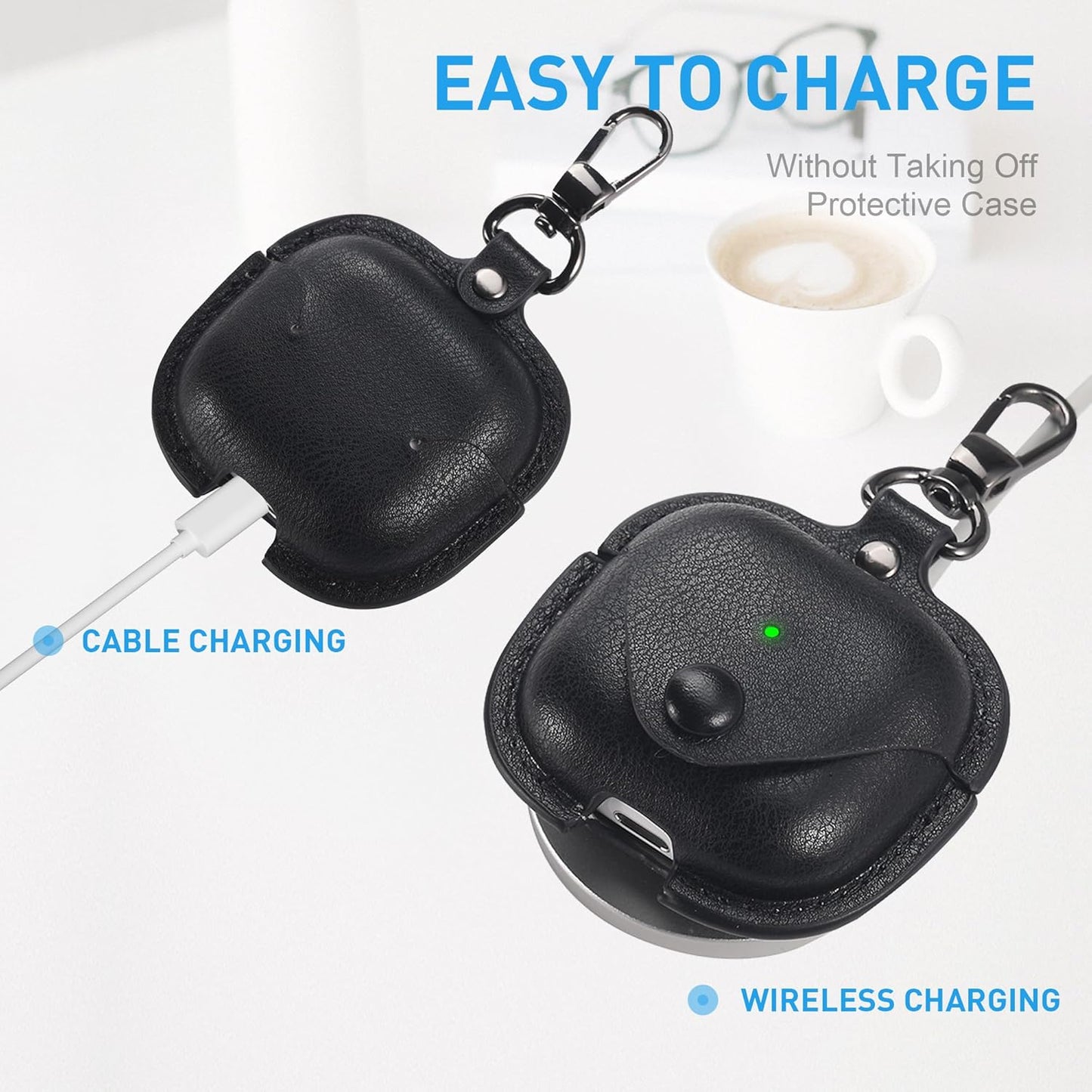 Compatible Airpods Case, Leather Airpods Cover 5 in 1 Protective Case with Keychain/Ear Hooks/Airpods Strap/Watch Band Holder/Earpods Case Compatible with Apple Airpods 2 1 Charging Case, Black