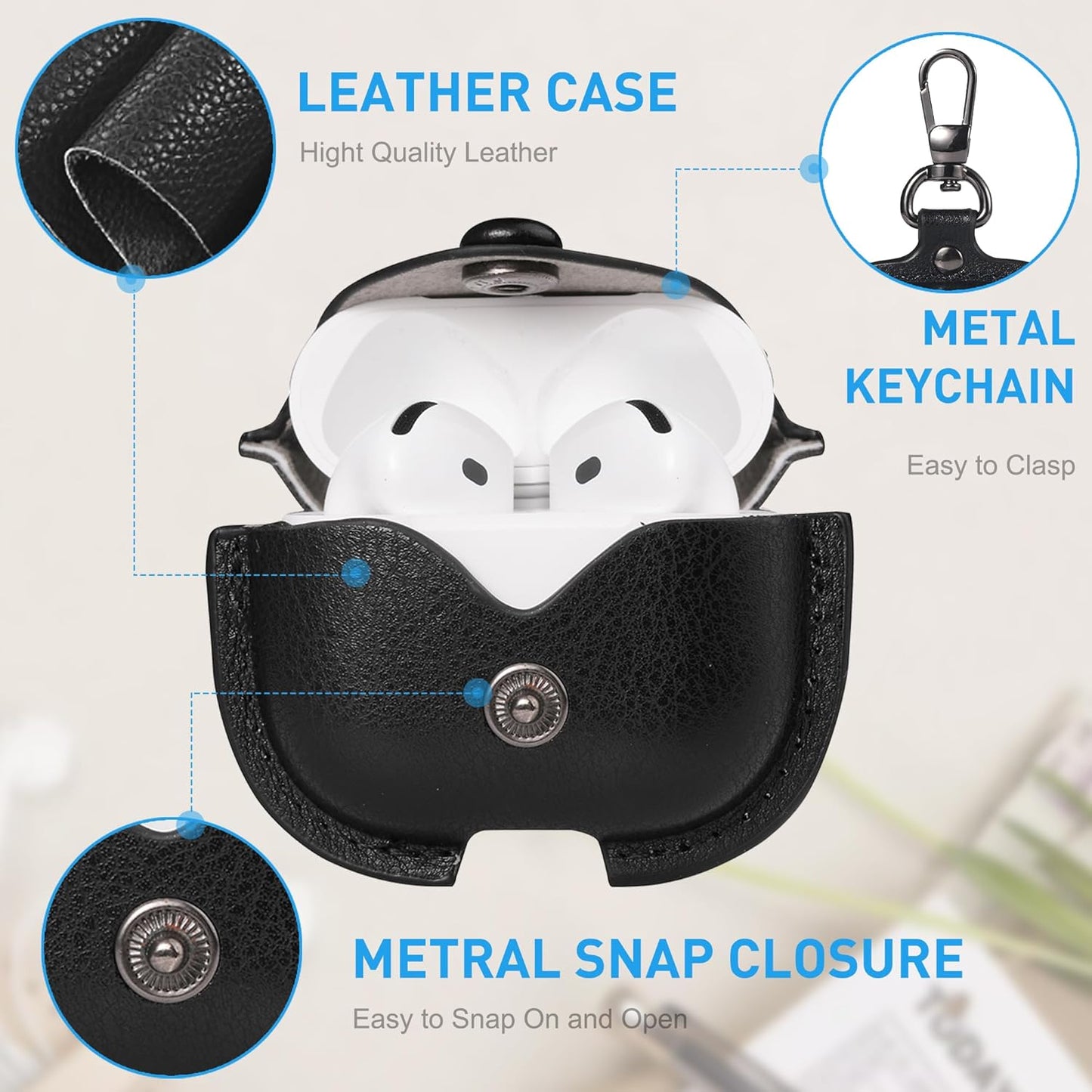 Compatible Airpods Case, Leather Airpods Cover 5 in 1 Protective Case with Keychain/Ear Hooks/Airpods Strap/Watch Band Holder/Earpods Case Compatible with Apple Airpods 2 1 Charging Case, Black