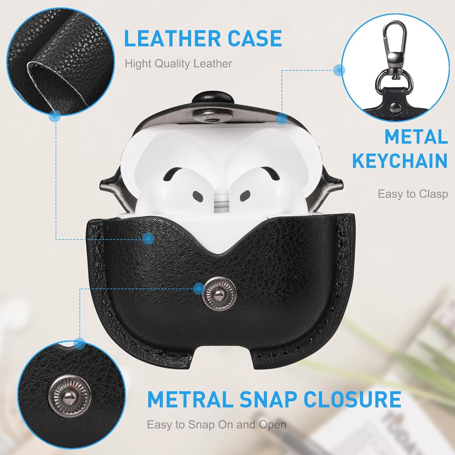 Compatible Airpods Case, Leather Airpods Cover 5 in 1 Protective Case with Keychain/Ear Hooks/Airpods Strap/Watch Band Holder/Earpods Case Compatible with Apple Airpods 2 1 Charging Case, Black